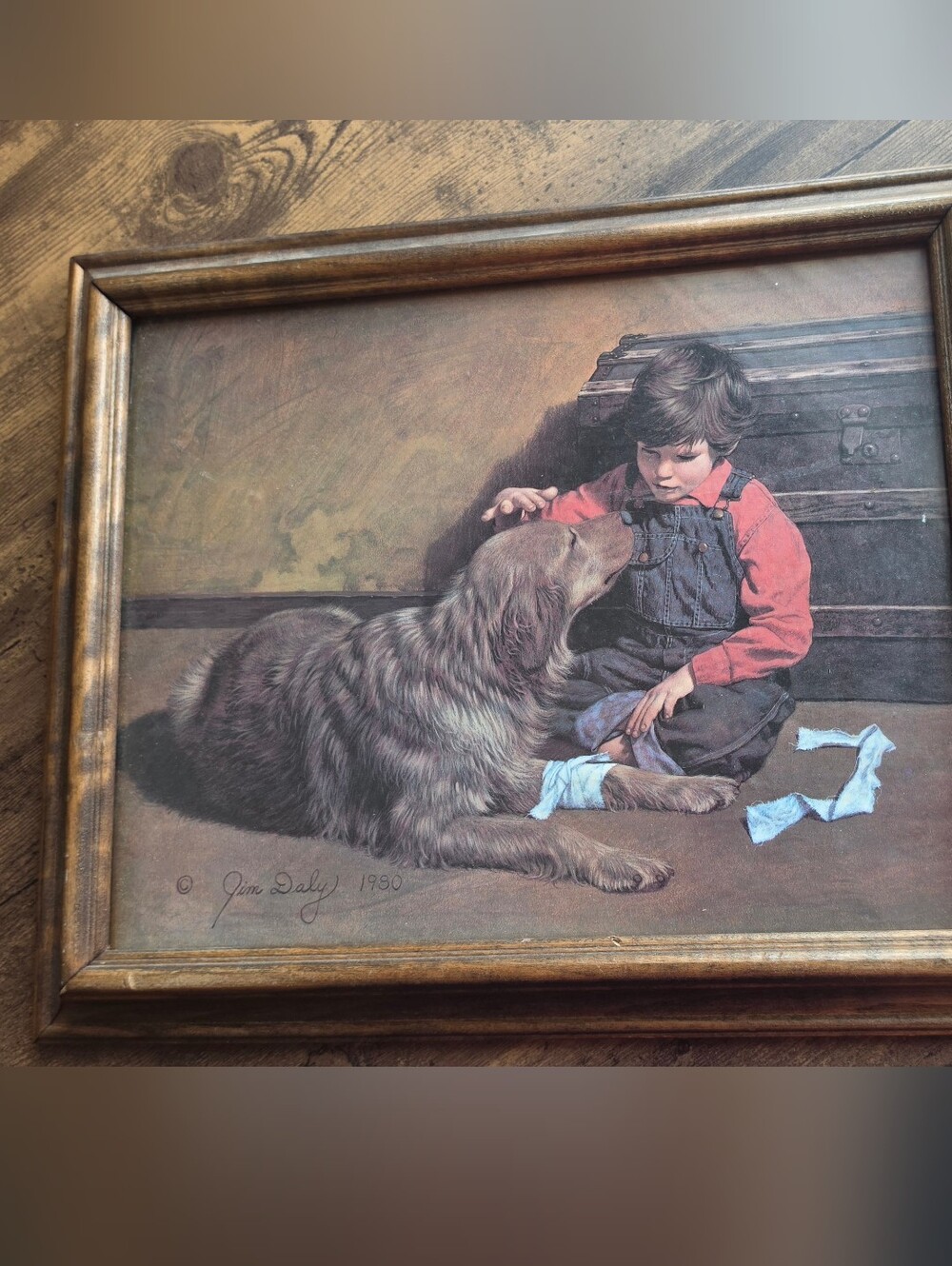 Jim Daly Brown Framed Americana Nostalgic Child/dog Art Print -With Wooden Frame